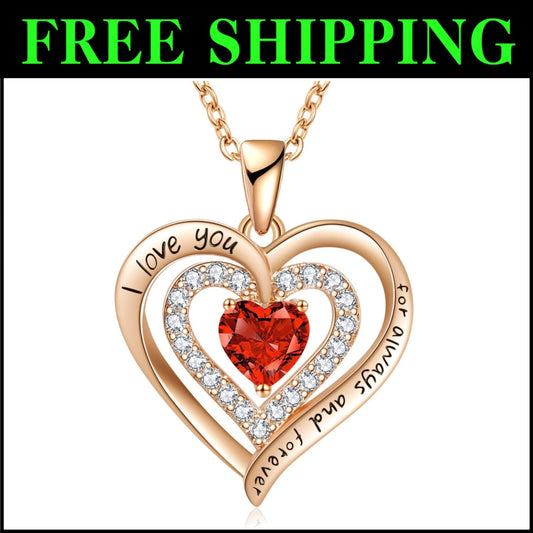 18k Rose Gold Birthstone Heart Necklace with Cubic Zirconia - Women’s Jewelry