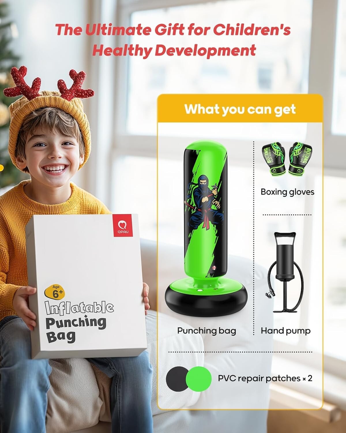 Durable 66-Inch Kids Boxing Fun: Inflatable Punching Bag & Gloves for Ages 5-12