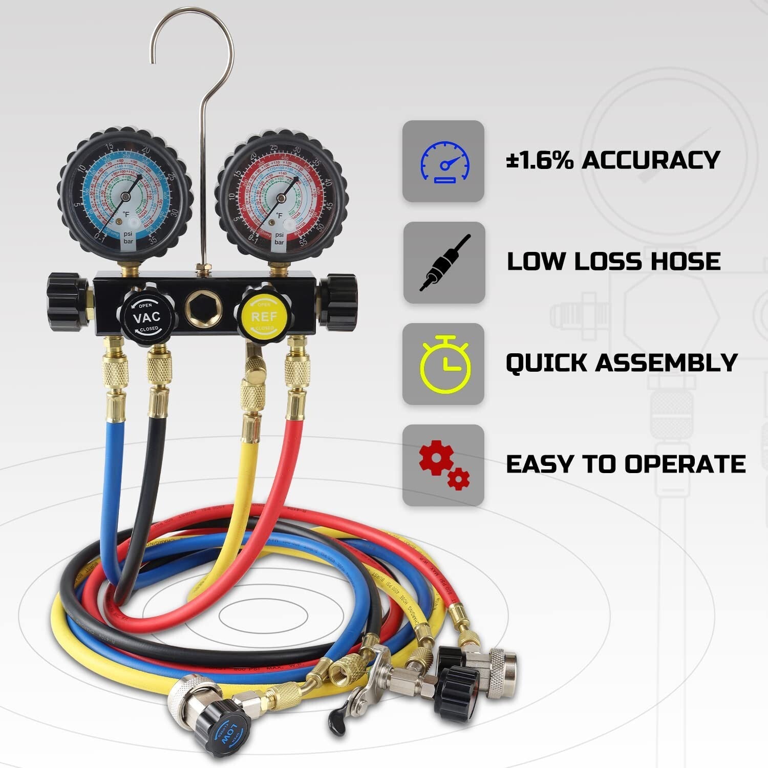 4-Way HVAC Diagnostic Gauge Set with Adjustable Couplers - 0-800 PSI Range
