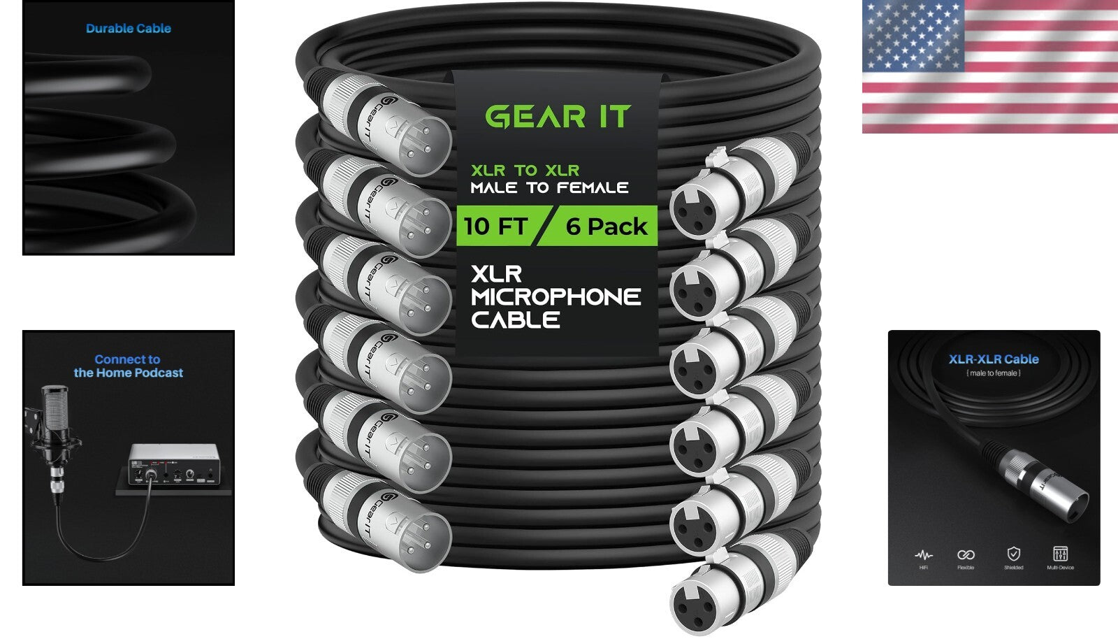 6-Pack XLR Audio Cables 10ft - Male to Female, Balanced Shielding for Clarity