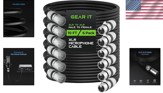 6-Pack XLR Audio Cables 10ft - Male to Female, Balanced Shielding for Clarity