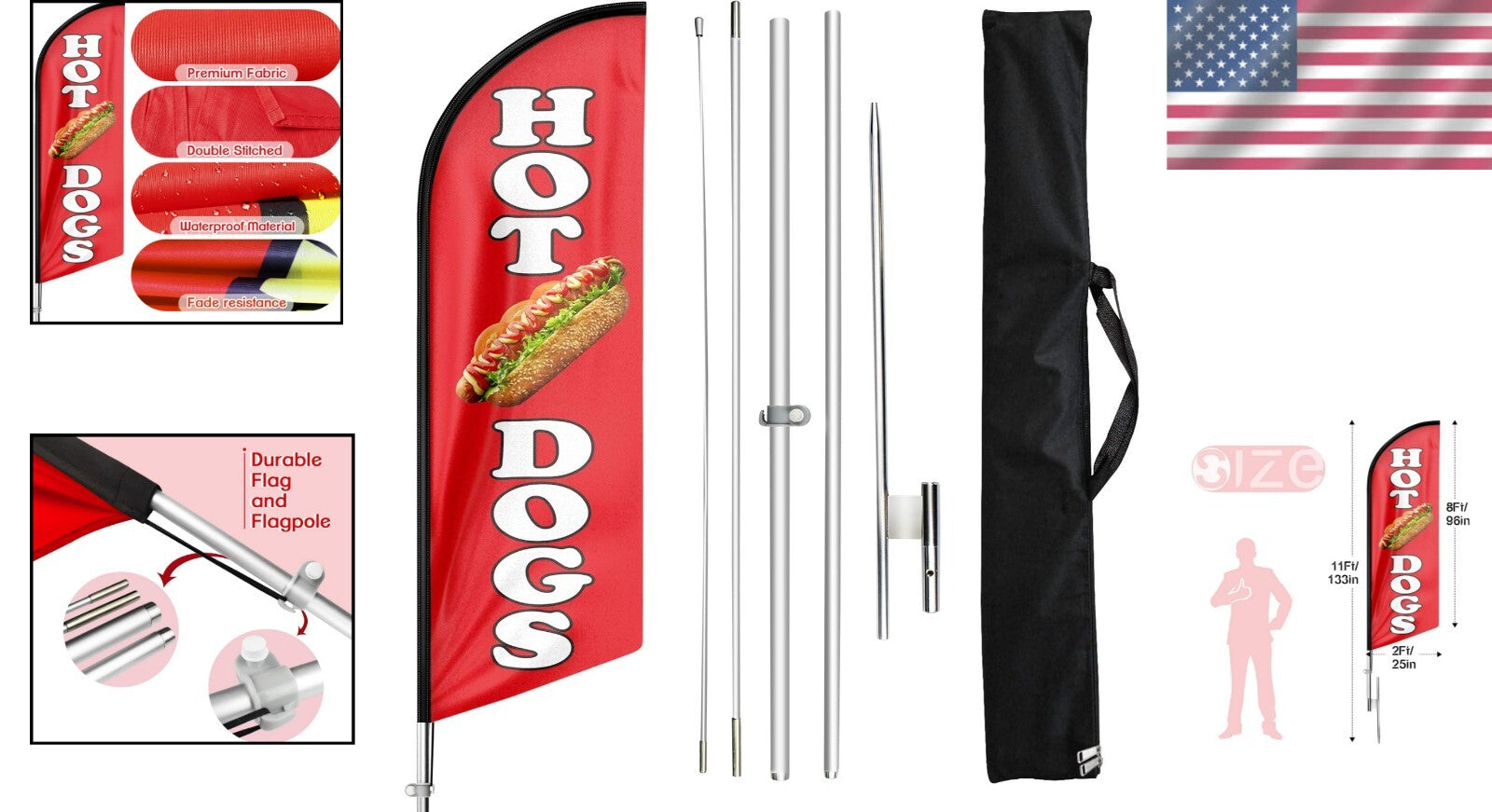 Portable Hot Dog Feather Flag Kit - Outdoor/Indoor Advertising with Ground Stake