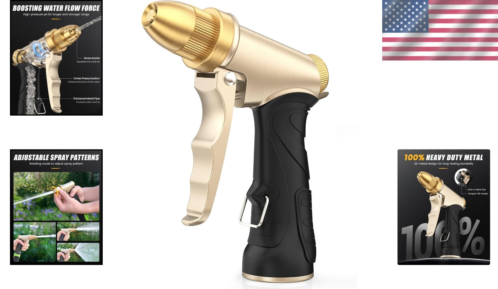 Durable Brass Garden Hose Nozzle - Adjustable Patterns for Cleaning & Watering