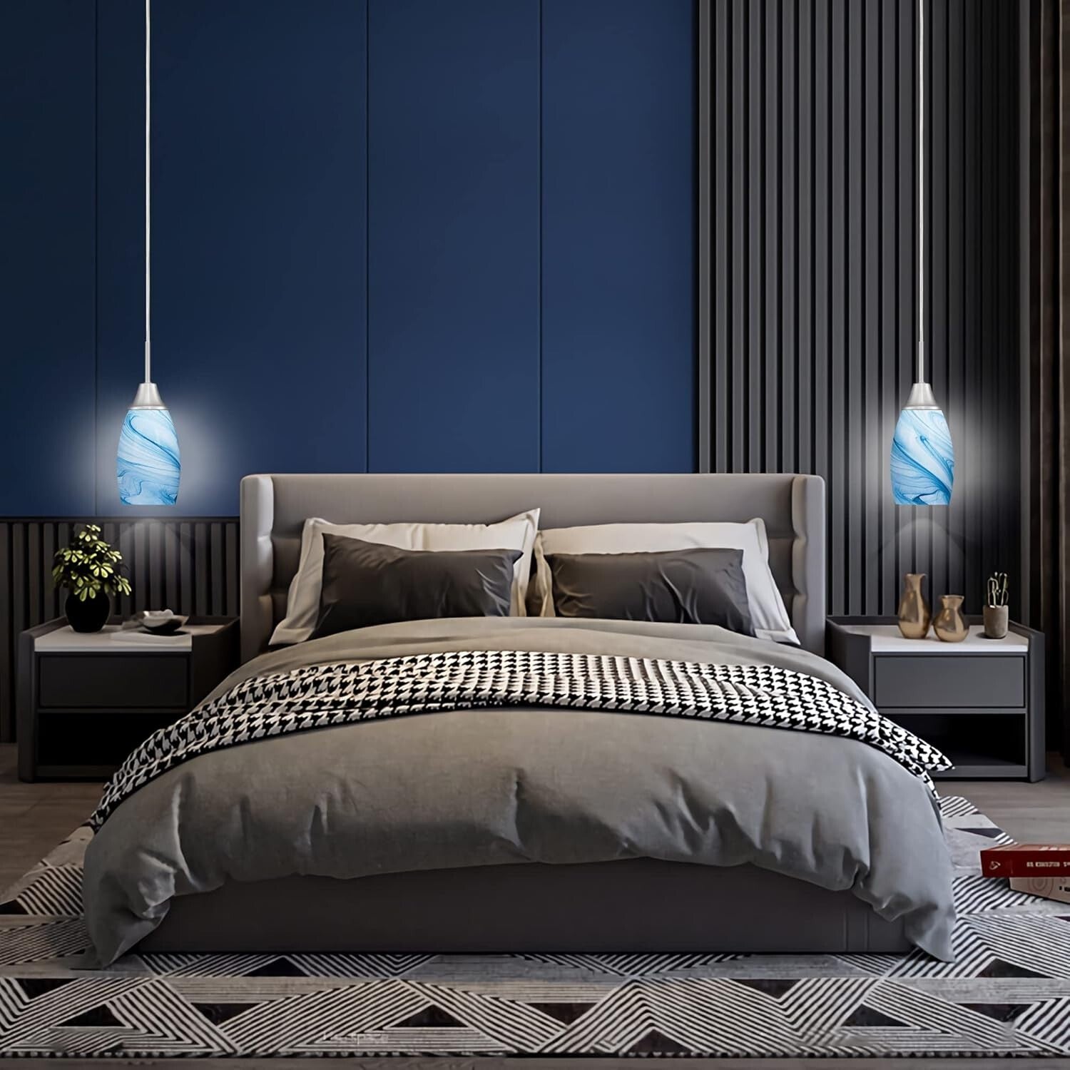 Elegant Handcrafted Blue Glass Hanging Light - 60W Adjustable Ceiling Fixture