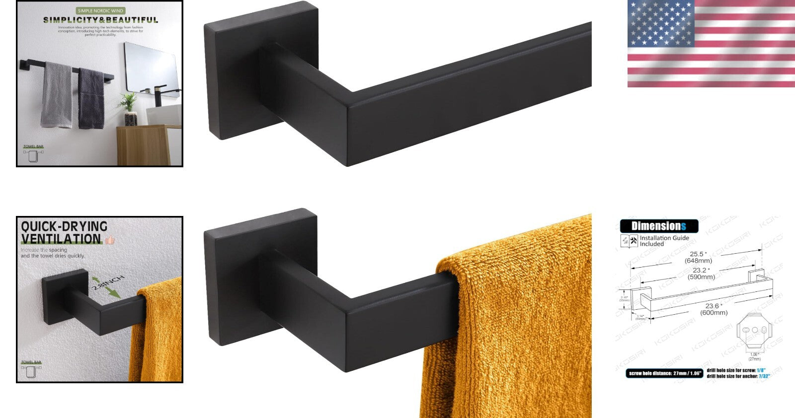 Elegant 24-Inch Wall-Mounted Towel Bar Set in Matte Black - Premium Quality