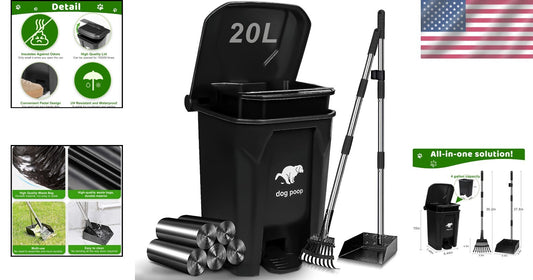 Compact Outdoor Dog Waste Bin with Rake, Tray & 100 Garbage Bags Included
