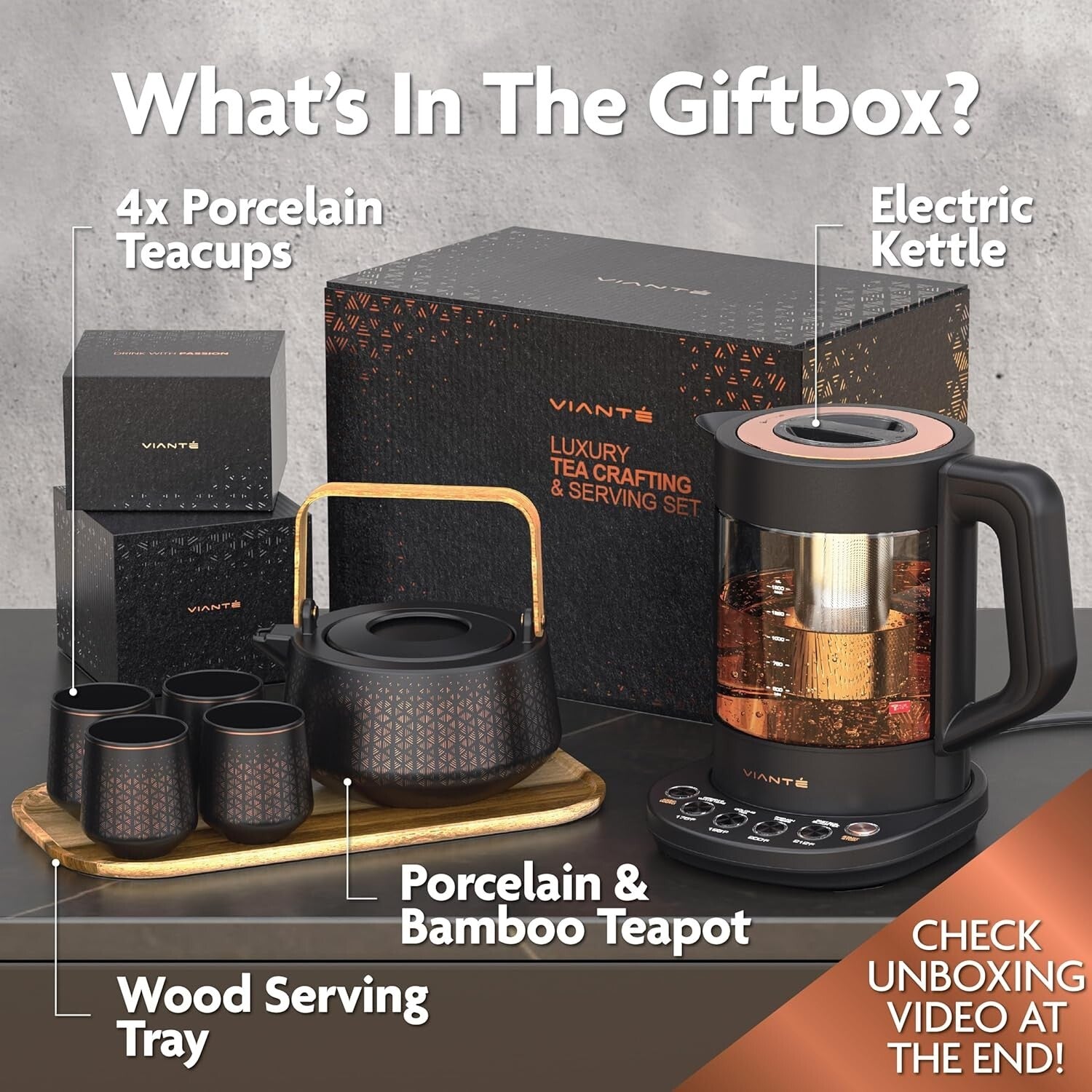 Deluxe Electric Kettle with Tea Infuser, Ceramic Teapot & Cups on Wood Tray