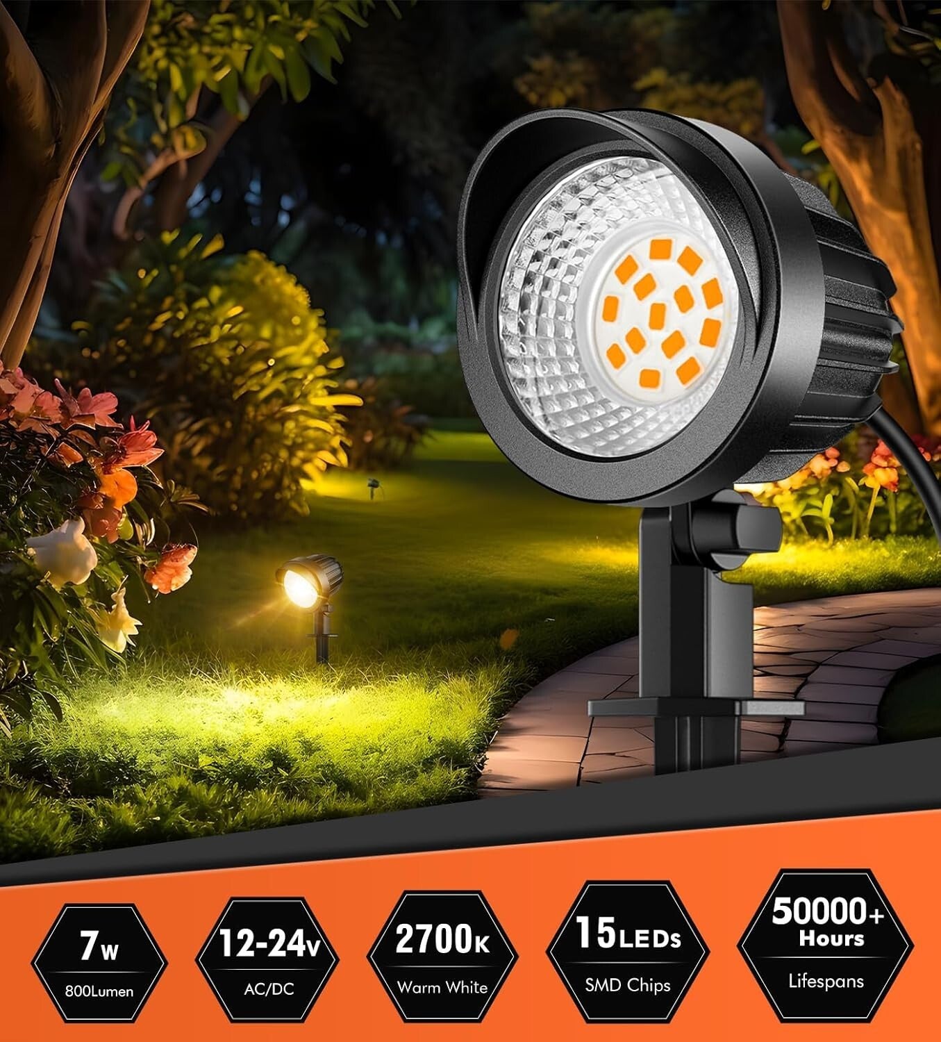 8-Pack Waterproof LED Landscape Lighting 7W 800lm Warm White Outdoor Spotlights
