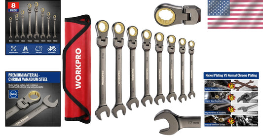 Durable 8-Piece CR-V Nickel-Plated Ratcheting Wrench Set with 180-Degree Pivot