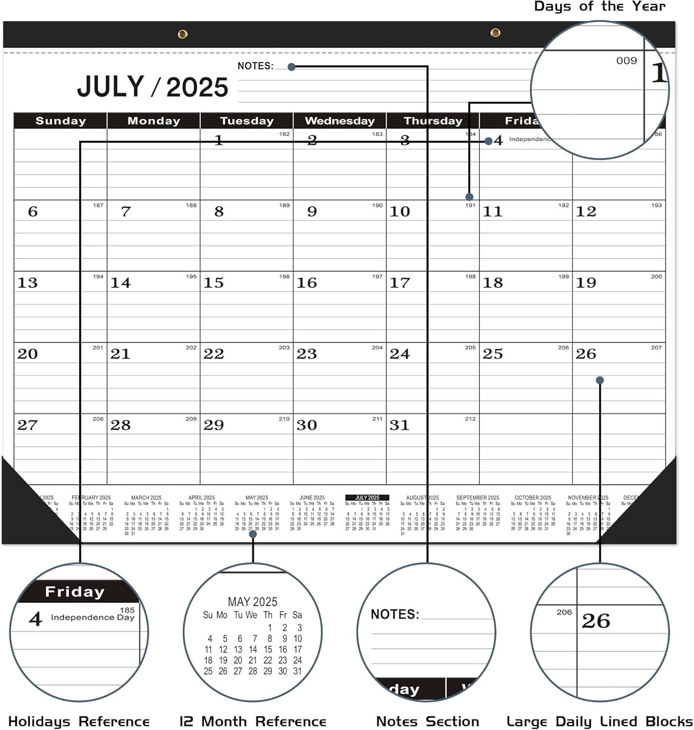 Large Desk Calendar 2025-2026 - Classic Black & White, 22x7, Perfect for Office