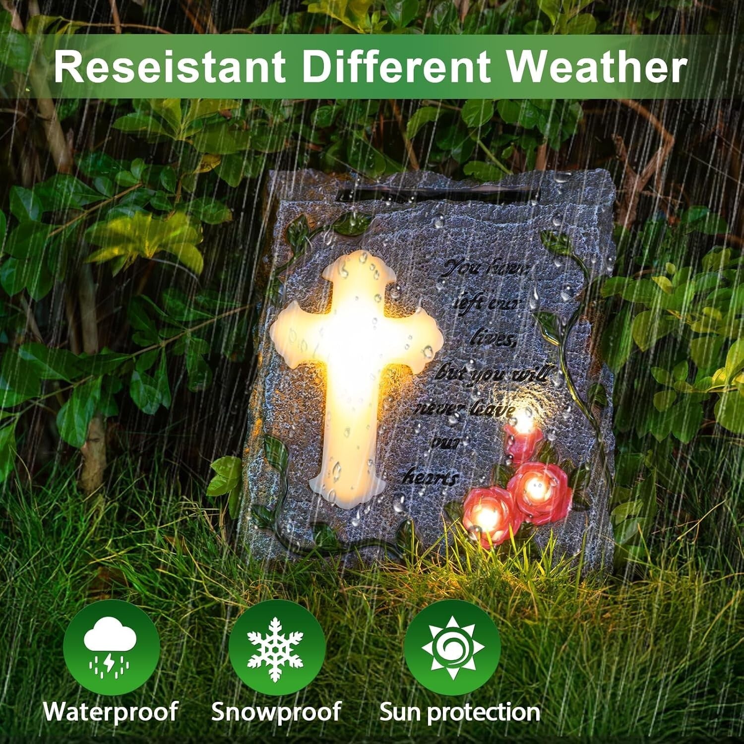 Elegant Solar-Powered Memorial Stepping Stone with Cross and Floral Carvings