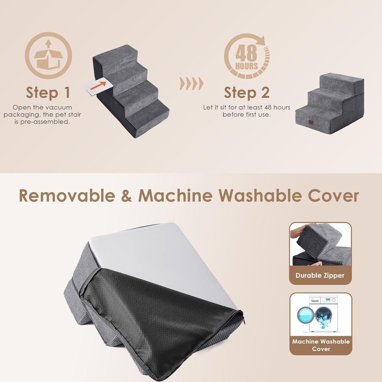 Foldable Dog Stairs Ramp for Small Pets - Non-Slip 3-Step Design in Grey