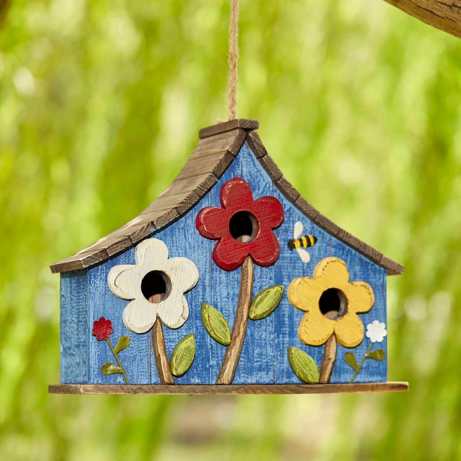 15" Oversized Hand-Painted Distressed Birdhouse with 3D Flowers - Rustic Villa