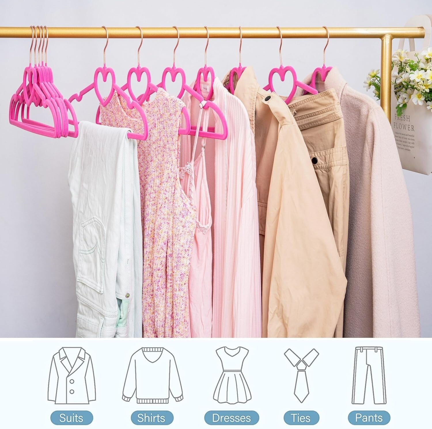 Premium Non-Slip Velvet Hangers 50 Pack - 360 Swivel Rose Gold Hooks, Hot Pink
