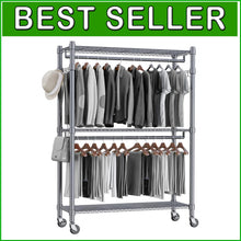 Load image into Gallery viewer, 3-Tier Adjustable Garment Rack with Rolling Wheels &amp; Side Hooks - Gray Finish