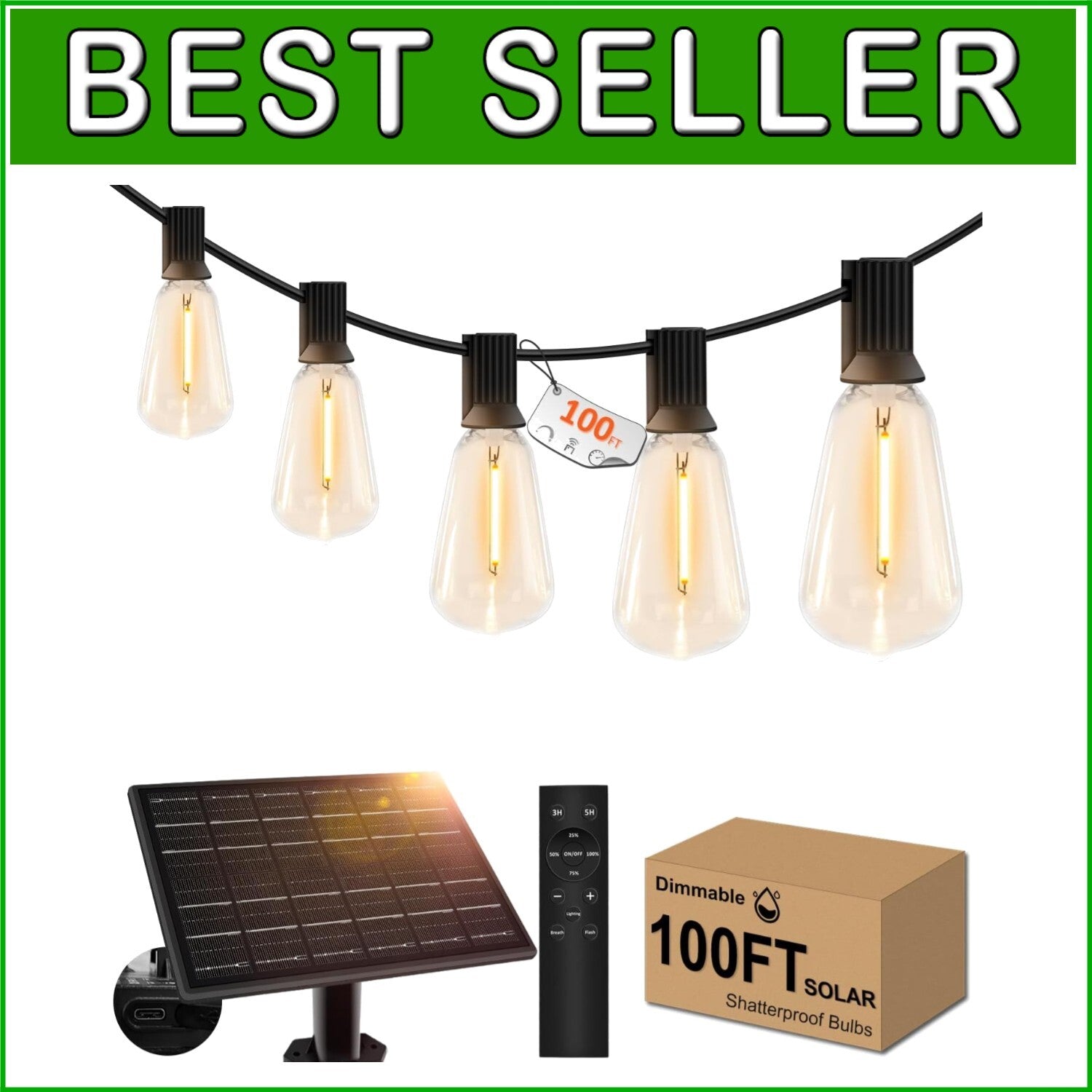 Versatile 100ft Solar String Lights - USB Rechargeable, Ideal for Garden & Porch
