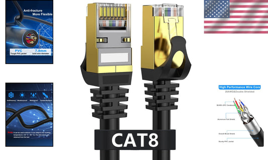 100ft Cat 8 Ethernet Cable - Heavy Duty, Weatherproof, High-Speed Connectivity