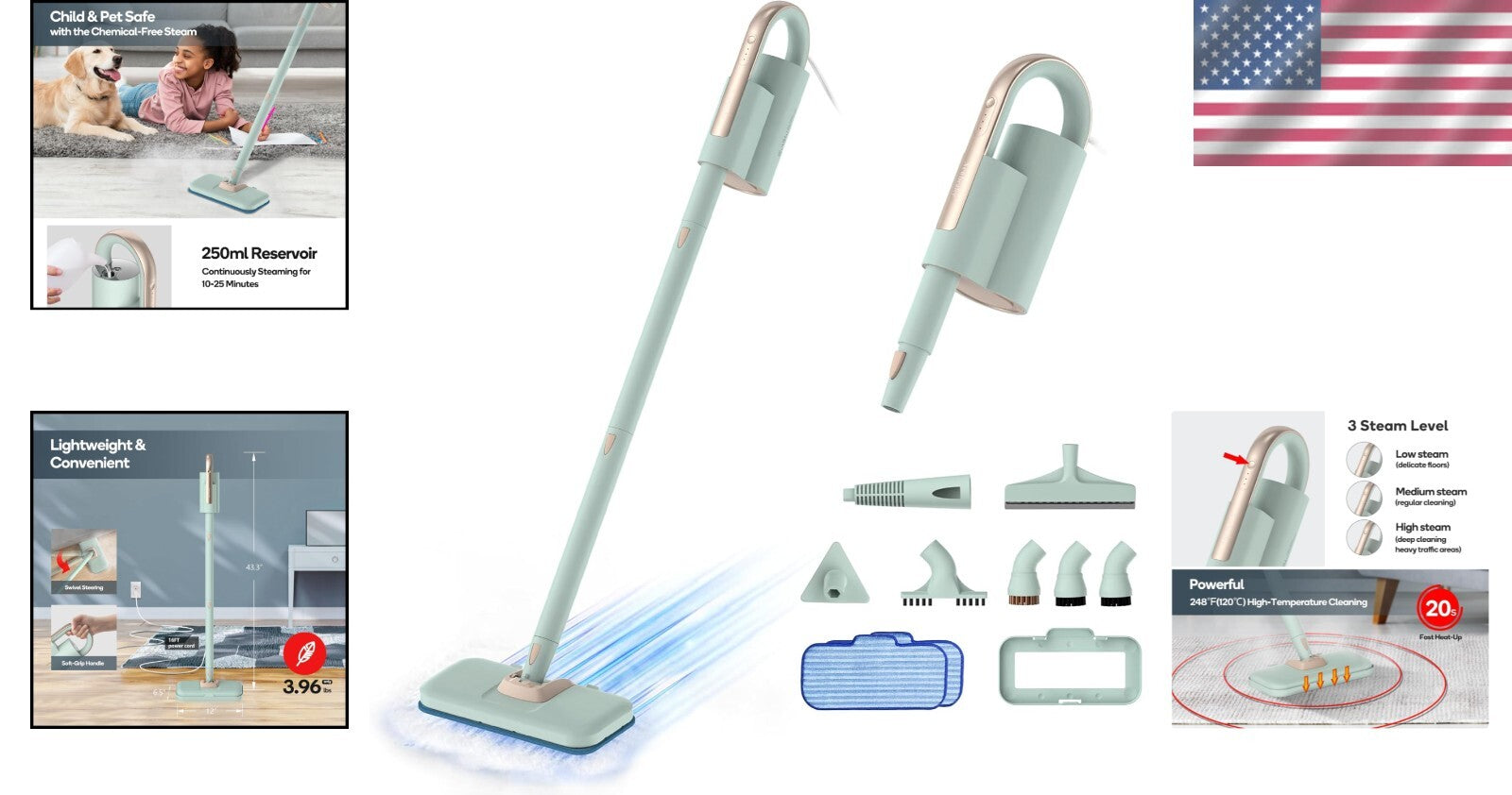 Versatile 2-in-1 Steam Mop and Handheld Cleaner with 3 Adjustable Steam Levels