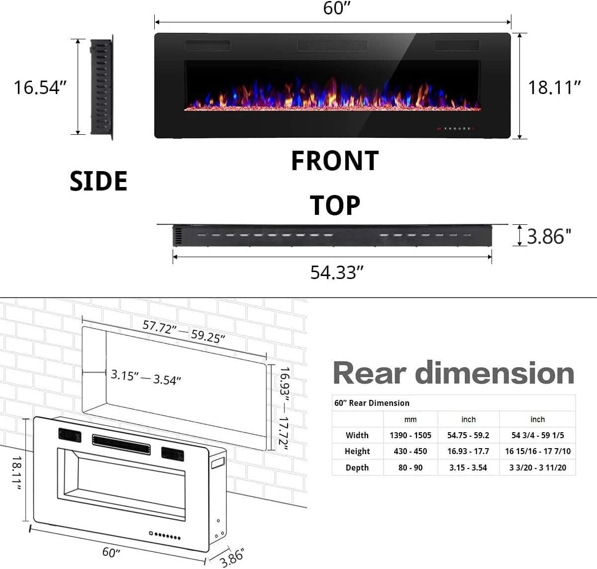 Energy Efficient 60" Electric Fireplace - Wall Mount with Adjustable Brightness