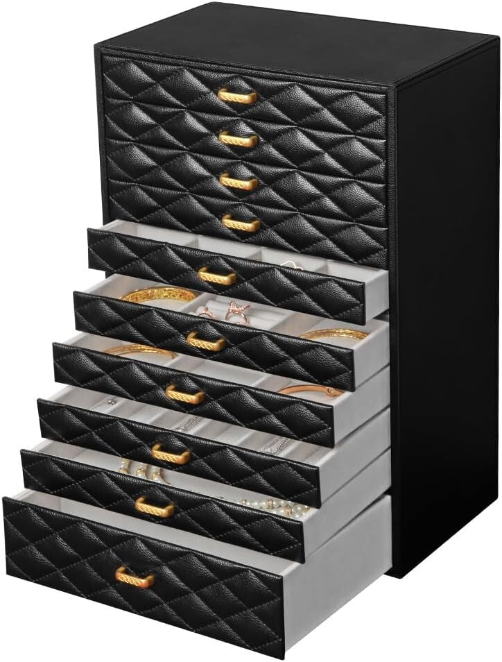Elegant 10-Compartment Jewelry Case - Black Faux Leather with Velvet Interior