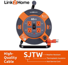 Load image into Gallery viewer, Heavy Duty 60 ft Extension Cord Reel with 4 Outlets &amp; Circuit Breaker Protection