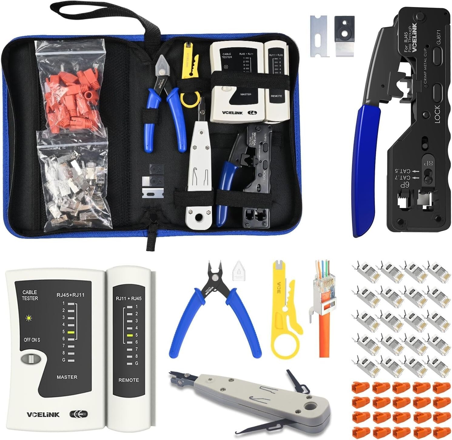 Ergonomic Network Crimper Set with 20 Pass-Thru Connectors for Homes & Offices