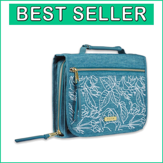 Medium Size Teal Canvas Bible Cover with Zipper and Multi-Compartment Organizer