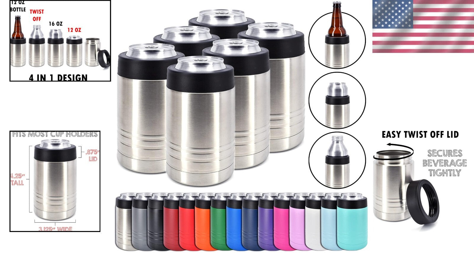 6-Pack Stainless Steel Double Wall Beverage Cooler - 12 oz Can & 16 oz Bottle