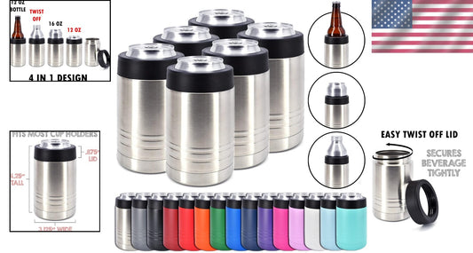 6-Pack Stainless Steel Double Wall Beverage Cooler - 12 oz Can & 16 oz Bottle