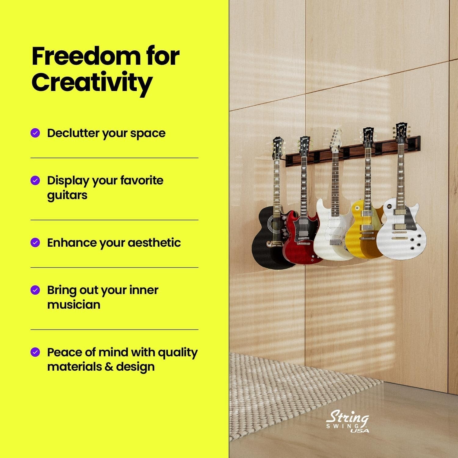 Elegant Guitar Wall Rack for 5 Guitars - Walnut Print Aluminum, Easy Install