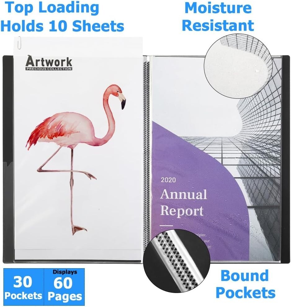 Archival Quality 18x24 Portfolio Book - 30 Clear Sleeves Display for Art & Music