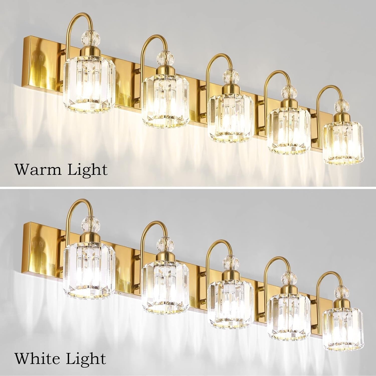 Elegantly Crafted 5-Light Brass Gold Vanity Wall Lighting with Crystal Shades