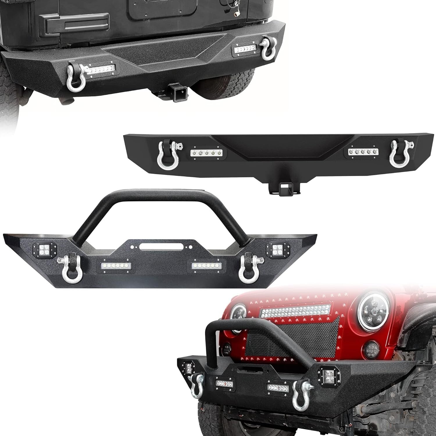 Stylish Jeep Wrangler JK Compatible Bumper with Built-In LED Lights & D-Rings