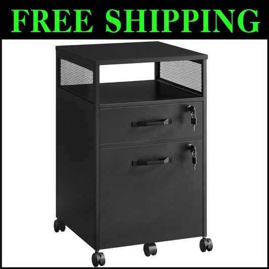 Sleek Mobile File Cabinet with Locking Drawers & Open Shelf - A4 & Letter Size