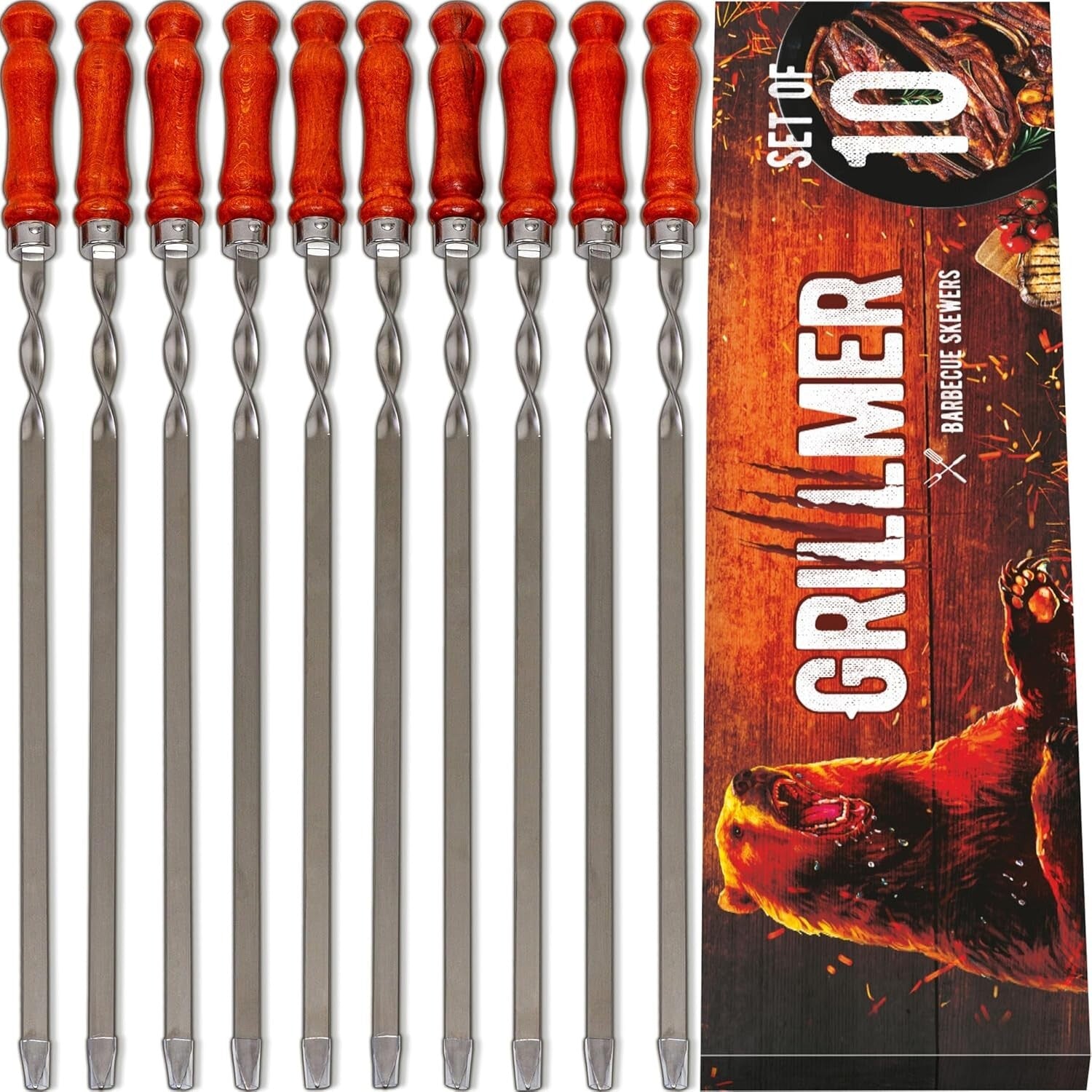 Extra Long 23.6-Inch Flat BBQ Skewers - Durable Stainless Steel & Wooden Handles