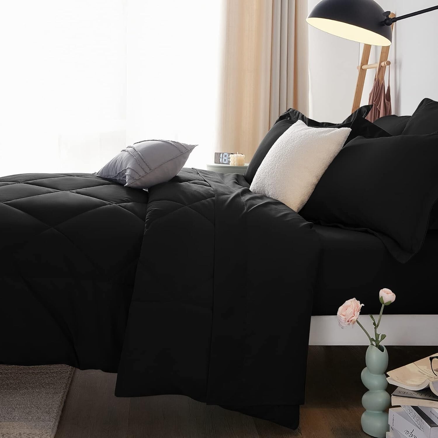 Cozy All-Season Black Twin Comforter Set - 5-Piece with Deep Pocket Sheets
