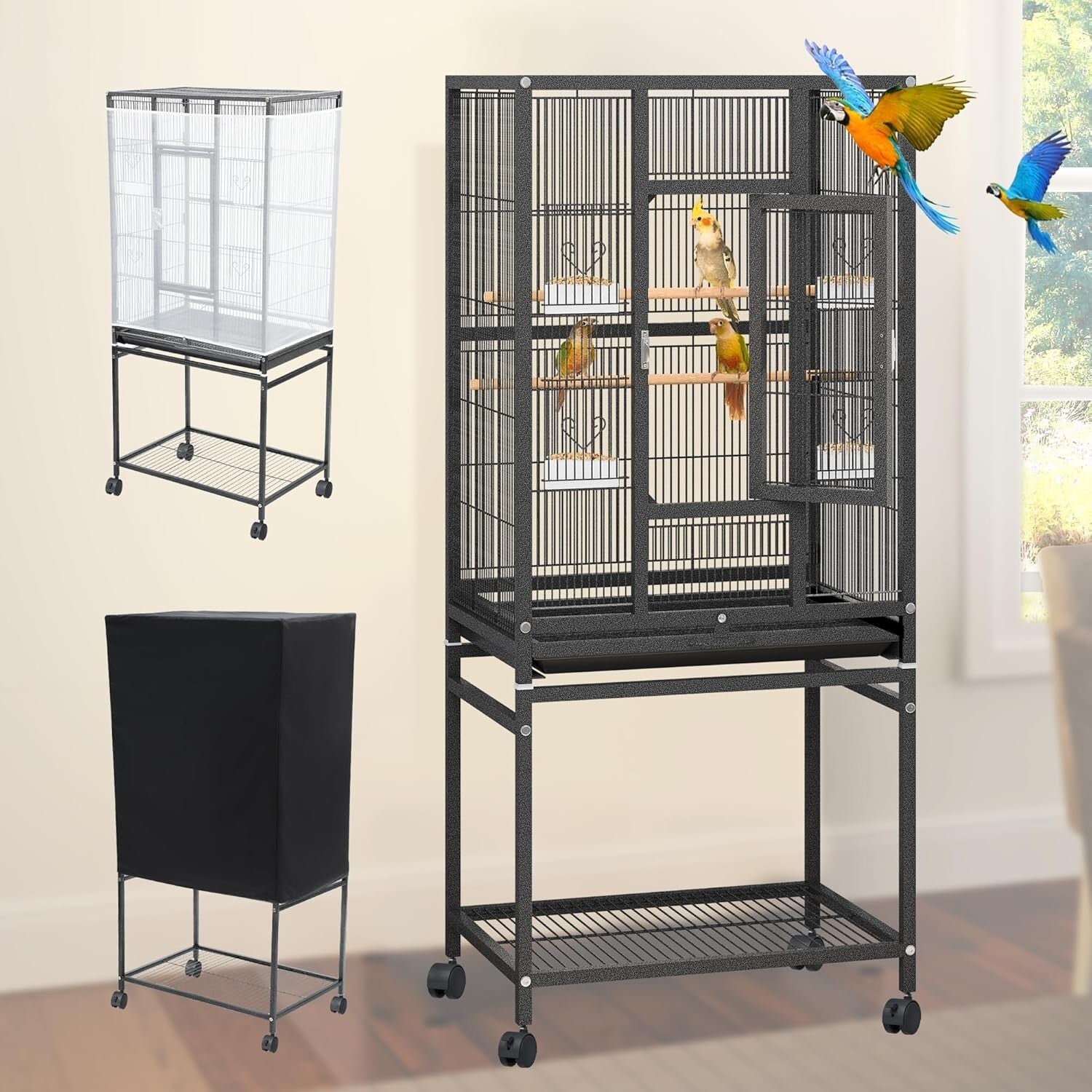 Spacious Bird Cage with Secure Lock, Seed Catcher & Storage - Ideal for Parrots