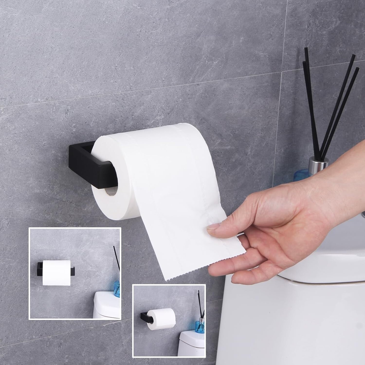 Contemporary Stainless Steel Bathroom Set with Matte Black Towel Ring & Holder