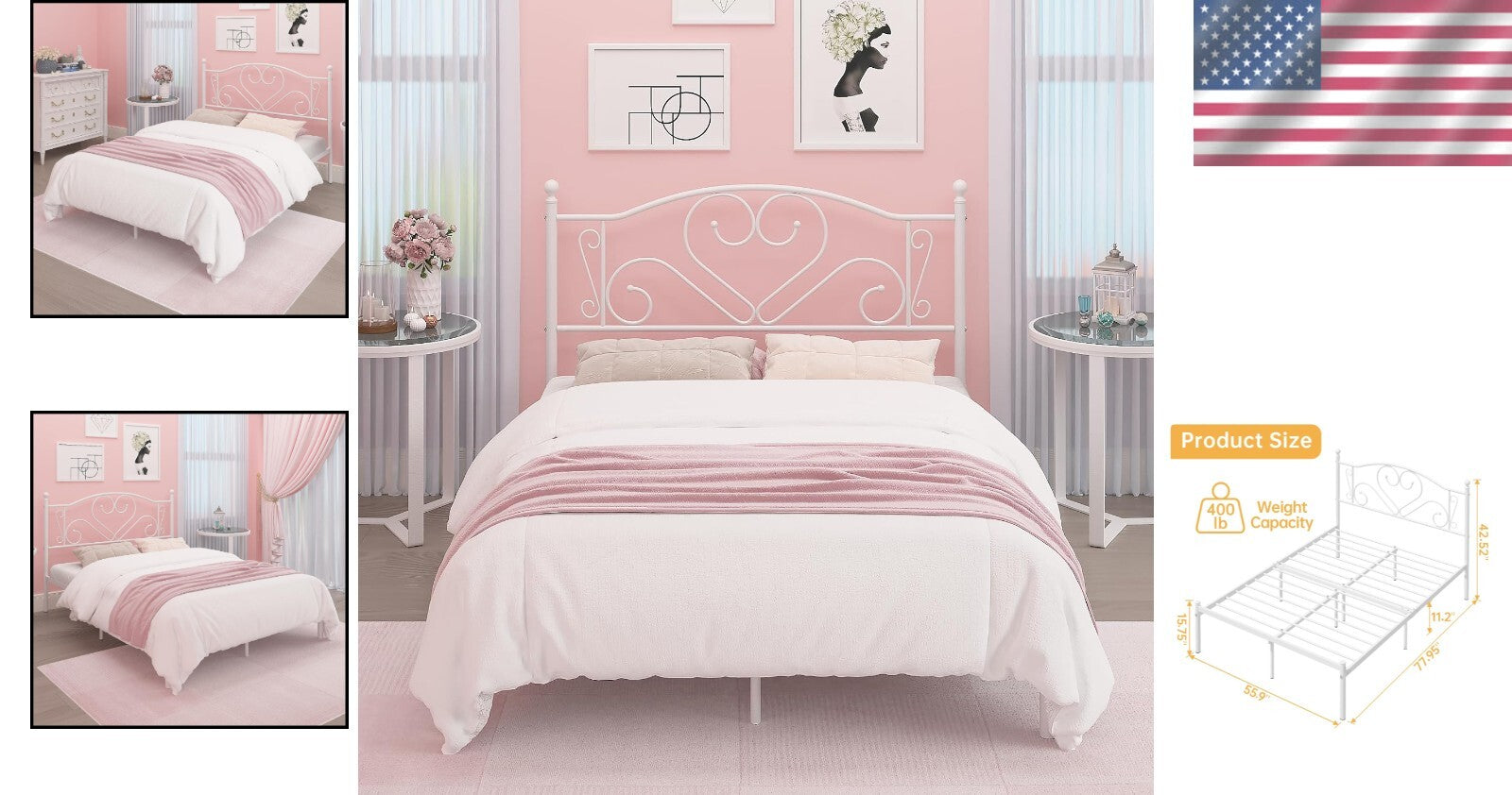 Full Size Bed Frame with Heart-Shaped Headboard & Under-Bed Storage - White