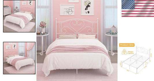 Full Size Bed Frame with Heart-Shaped Headboard & Under-Bed Storage - White