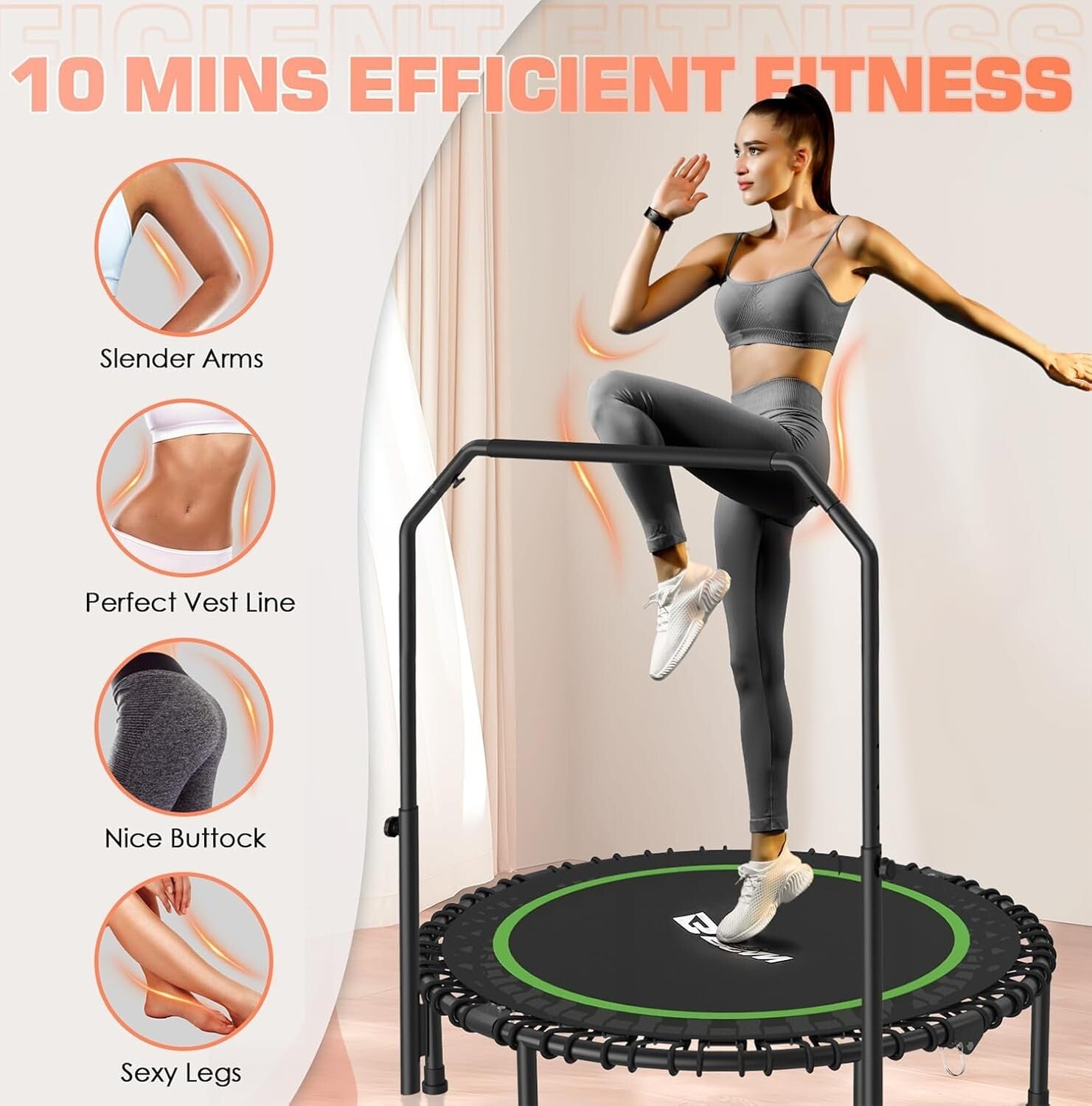 Foldable 450 LBS Fitness Trampoline with Adjustable Handle - Indoor/Outdoor Use