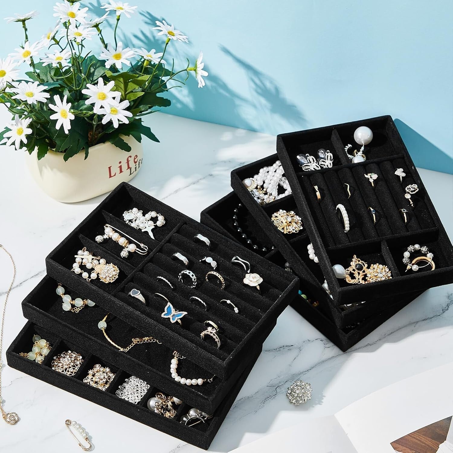 Versatile Stackable Velvet Jewelry Organizer - 18 Tray Set for All Occasions