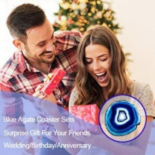 Natural Blue Agate Drink Coasters Set of 4 with Gold Rim - Perfect Gift Choice