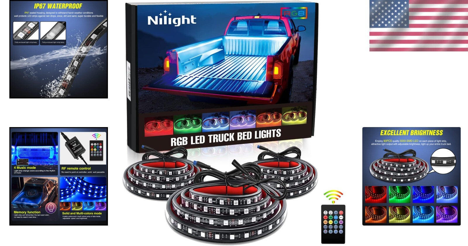 60" RGB LED Truck Bed Light Strip Kit - 3PCS with RF Remote Control & Waterproof