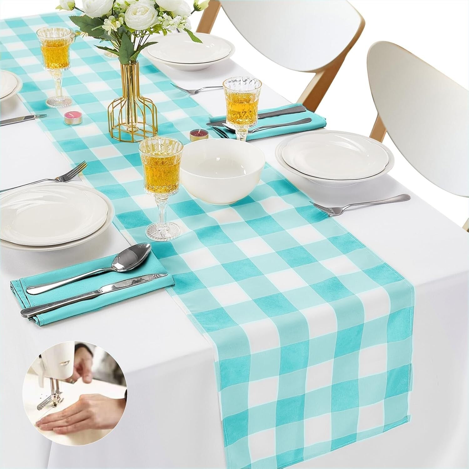 Versatile Aqua Checkered Table Runners - 12-Pack, Ideal for Dining & Weddings