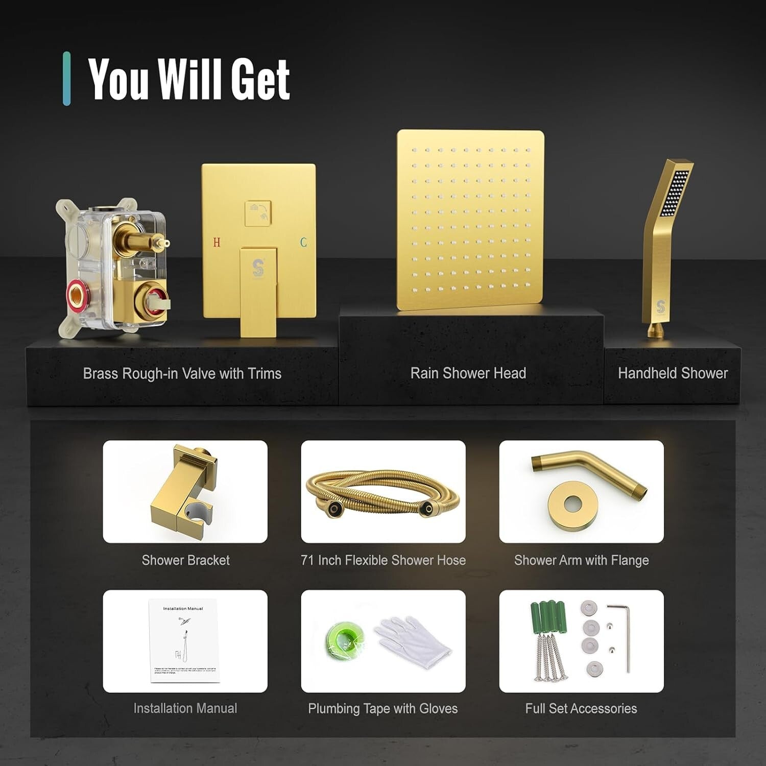 Premium Brushed Gold Shower Systems - All Metal Faucet with Rain & Handheld Head