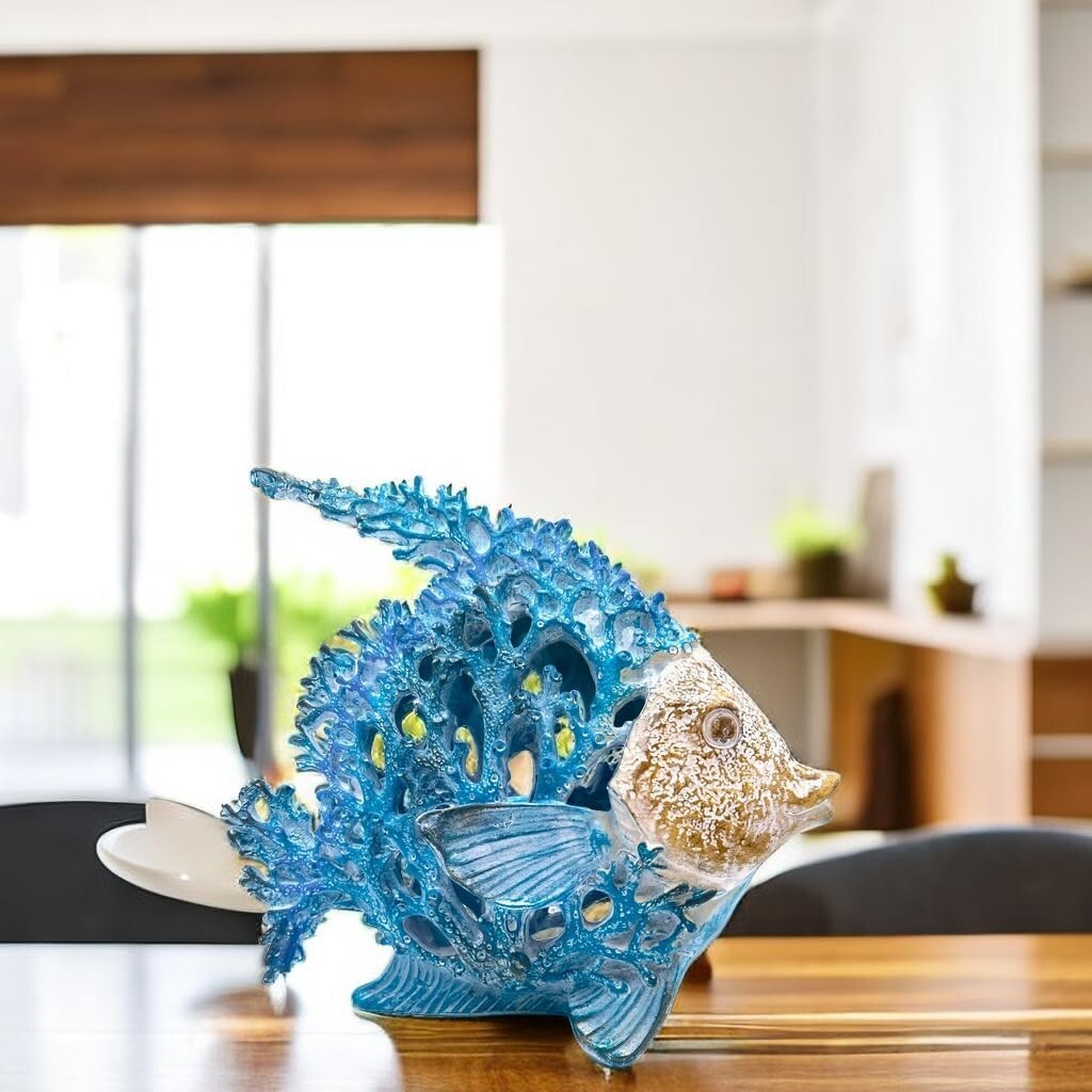 Coastal Coral Reef Angel Sculpture in Turquoise & Blue - Art Deco Tabletop Decor
