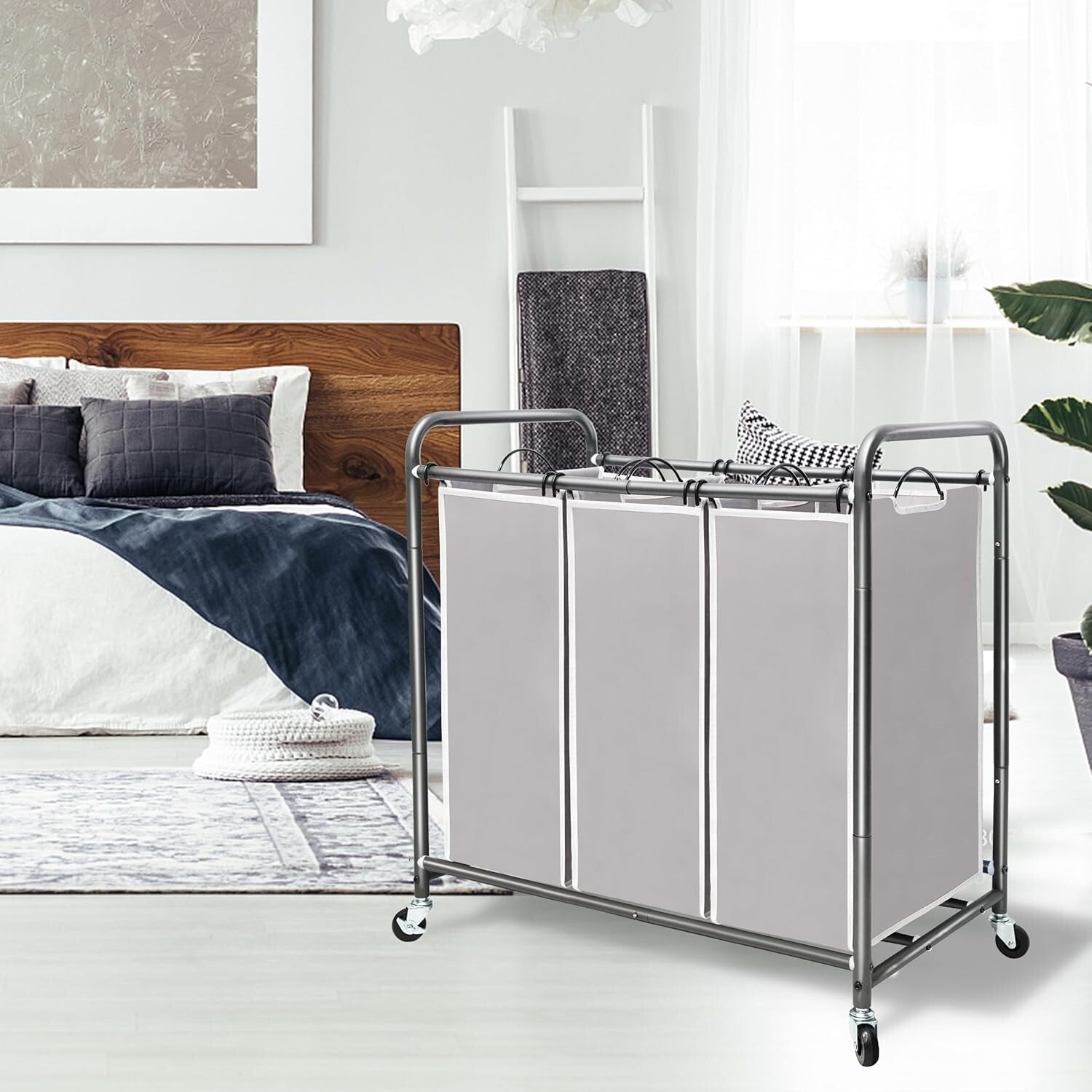 Classic Gray 3-Bag Laundry Hamper with Locking Wheeled Design for Convenience