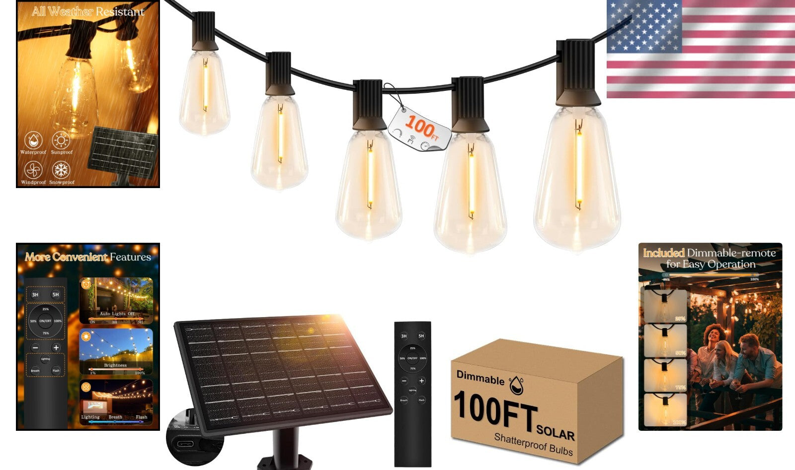 Versatile 100ft Solar String Lights - USB Rechargeable, Ideal for Garden & Porch