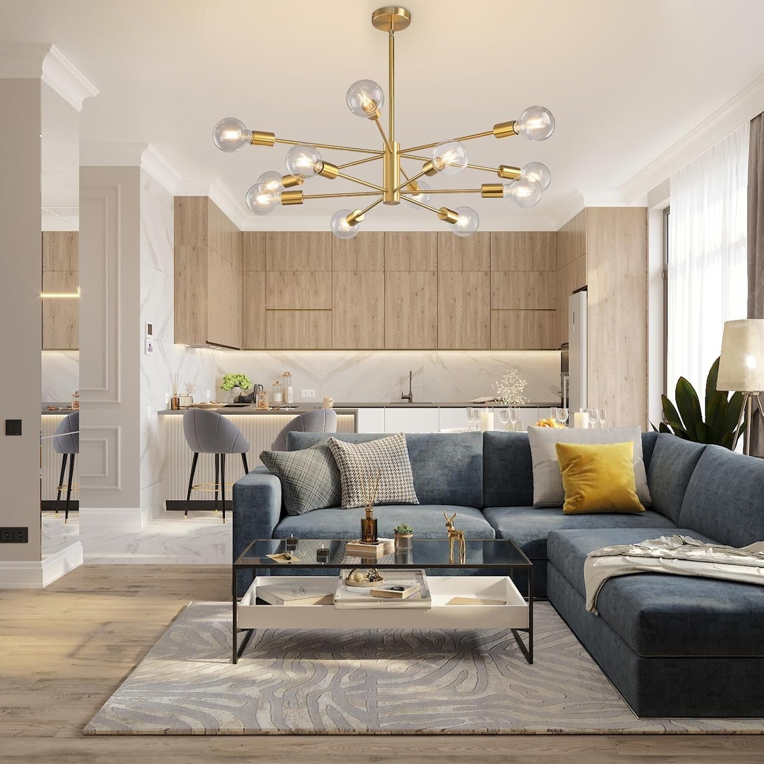 Adjustable Height Gold Chandelier - 12-Light Ceiling Fixture for Modern Homes